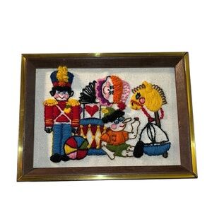 Vintage Original Framed Crewel Embroidery Textured Art Piece Toy Soldier Clown